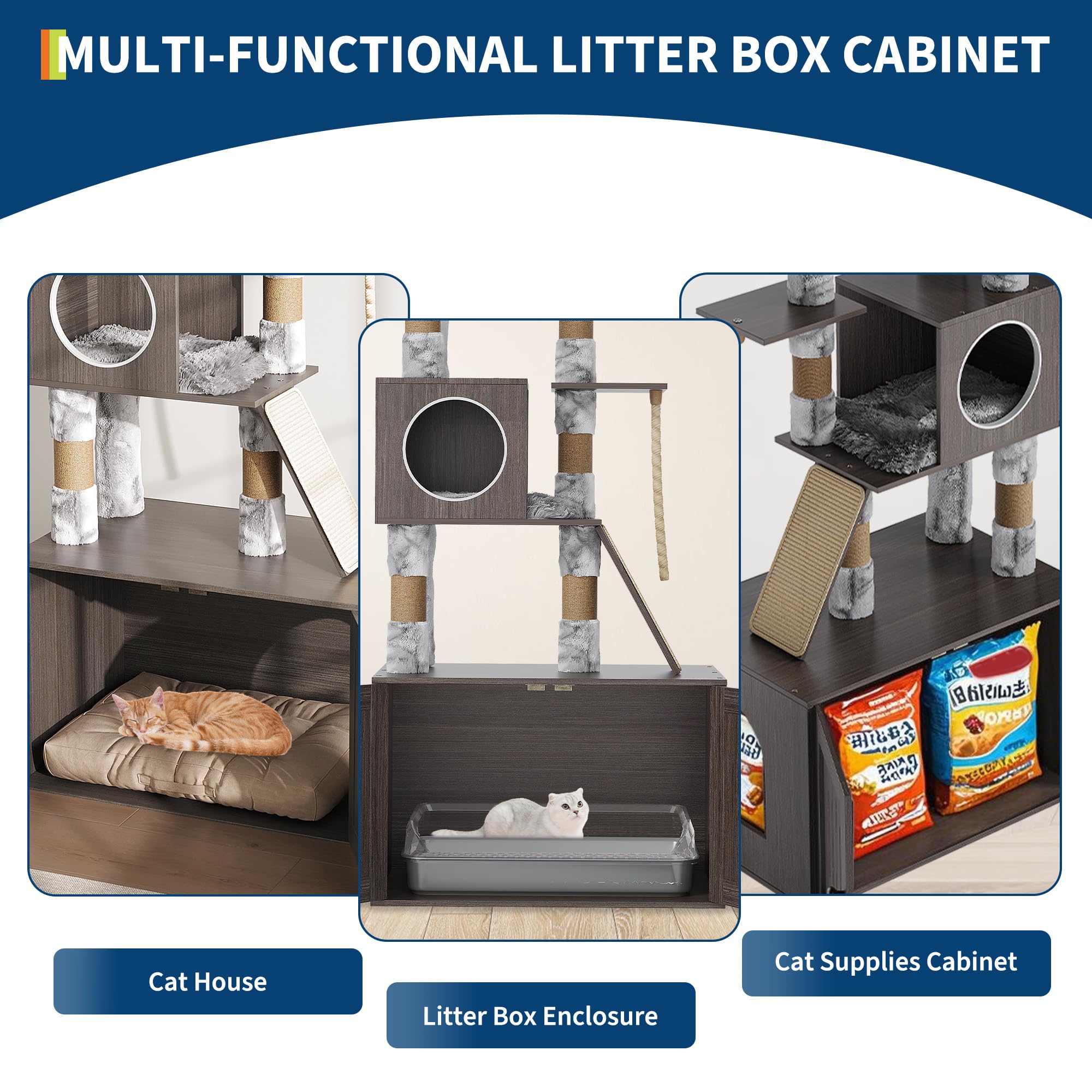 Garvee 66.9-Inch Cat Tree Tower with Litter Box Enclosure, Multi-Level Cat Furniture Featuring Hammock and Washable Cushions, Indoor Cat Tower for Play, Rest, and Privacy, Gray