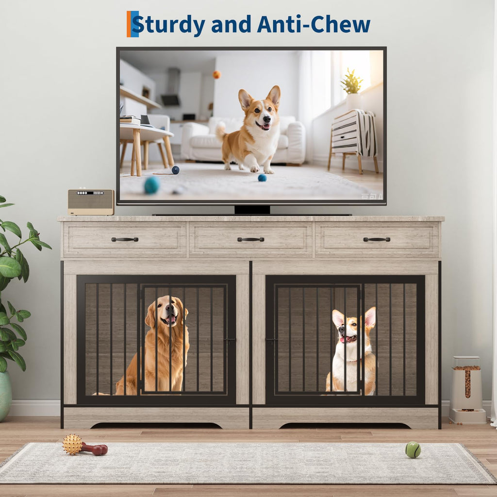 Garvee 71" Dog Crate Furniture for 2 Dogs, Heavy Duty Double Dog Kennel with 3 Drawers, Extra Large Furniture Style Indoor Dog Crate Table TV Stand  for Medium/Large Dogs, Light Gray