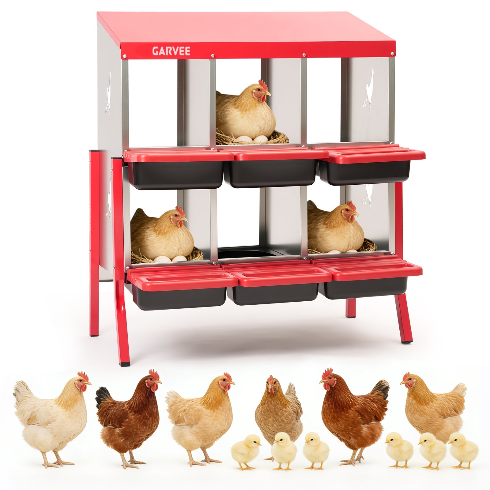 Garvee 6 Compartment Metal Chicken Nesting Box – Soft Cushion, Easy-Clean, Roll Away Egg Collection, Ventilated Design for Outdoor Chicken Coop, Rabbit, Duck – Red with Chicken Design – Size: 6 Compartments, Color: Red (Side Chicken Design)