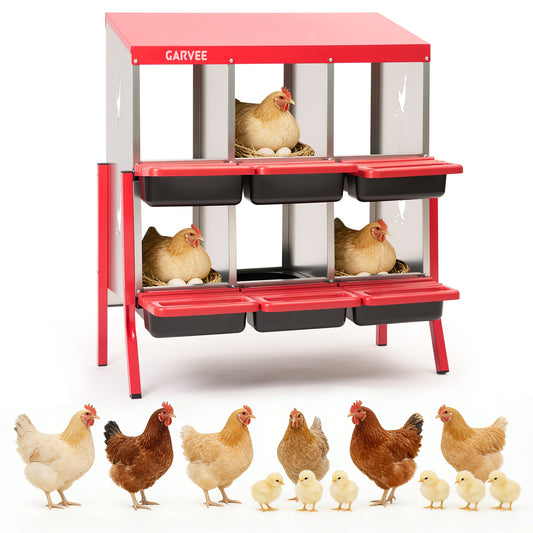 Garvee 6 Compartment Metal Chicken Nesting Box – Soft Cushion, Easy-Clean, Roll Away Egg Collection, Ventilated Design for Outdoor Chicken Coop, Rabbit, Duck – Red with Chicken Design – Size: 6 Compartments, Color: Red (Side Chicken Design)