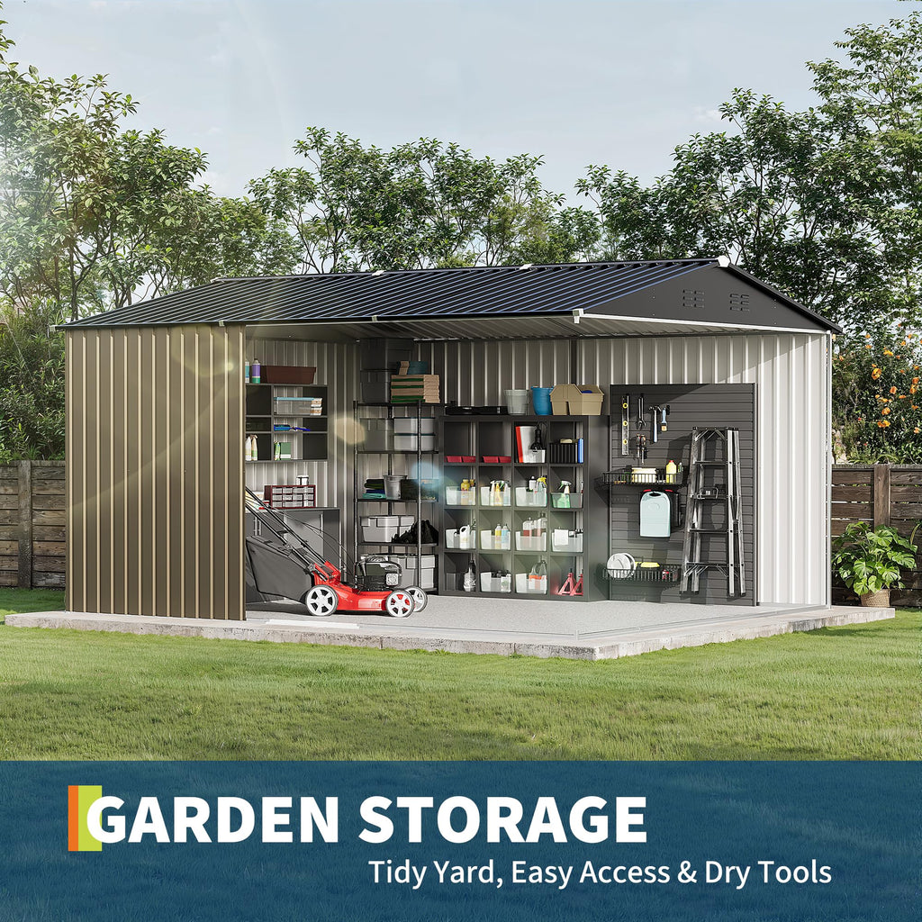 Garvee 10 x 12 FT Outdoor Storage Shed, 143 x 119 x 65 in Galvanized Steel Garden Shed with Lockable Door, Cross Windows and Peaked Roof, Brown