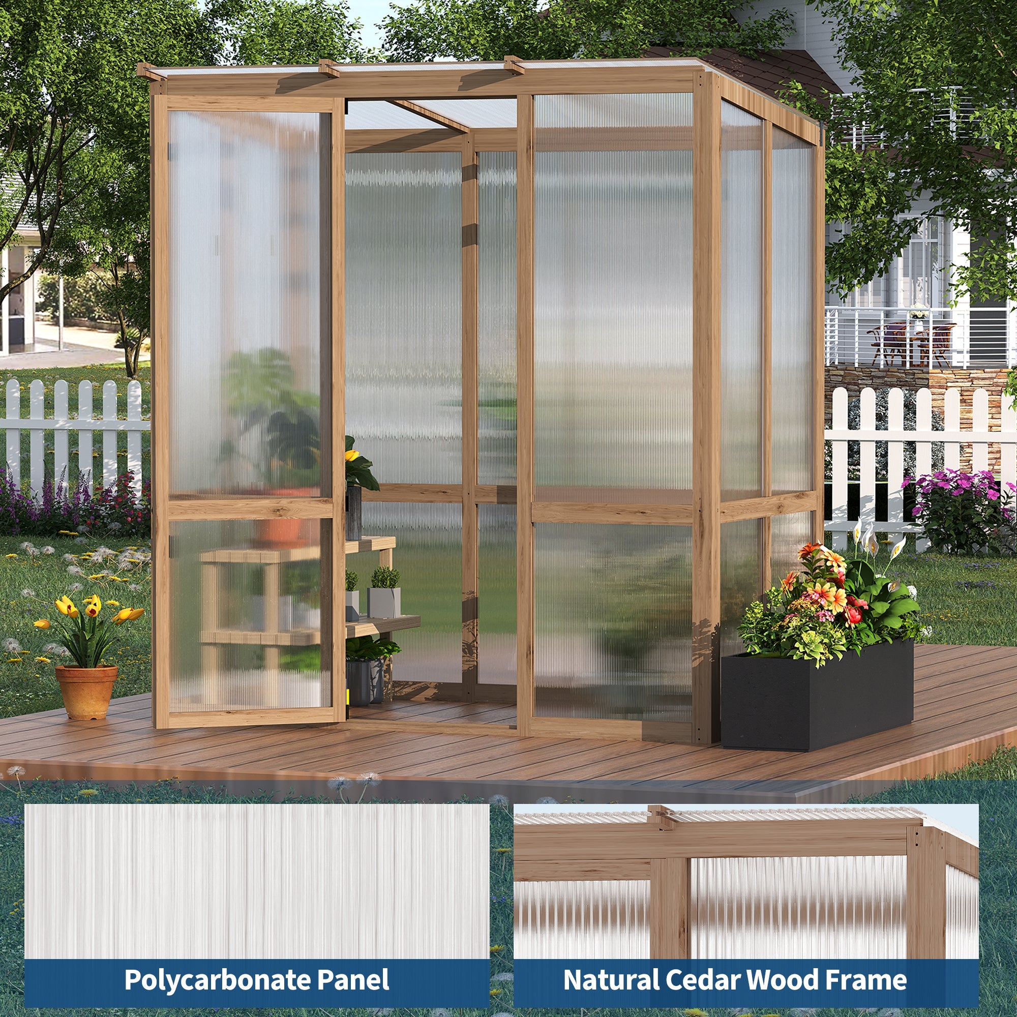 Garvee 4x6FT Wooden Greenhouse with Cedar Frame, Outdoor Wood Greenhouses with Roof Vent, Wood and Polycarbonate Walk-in Greenhouse
