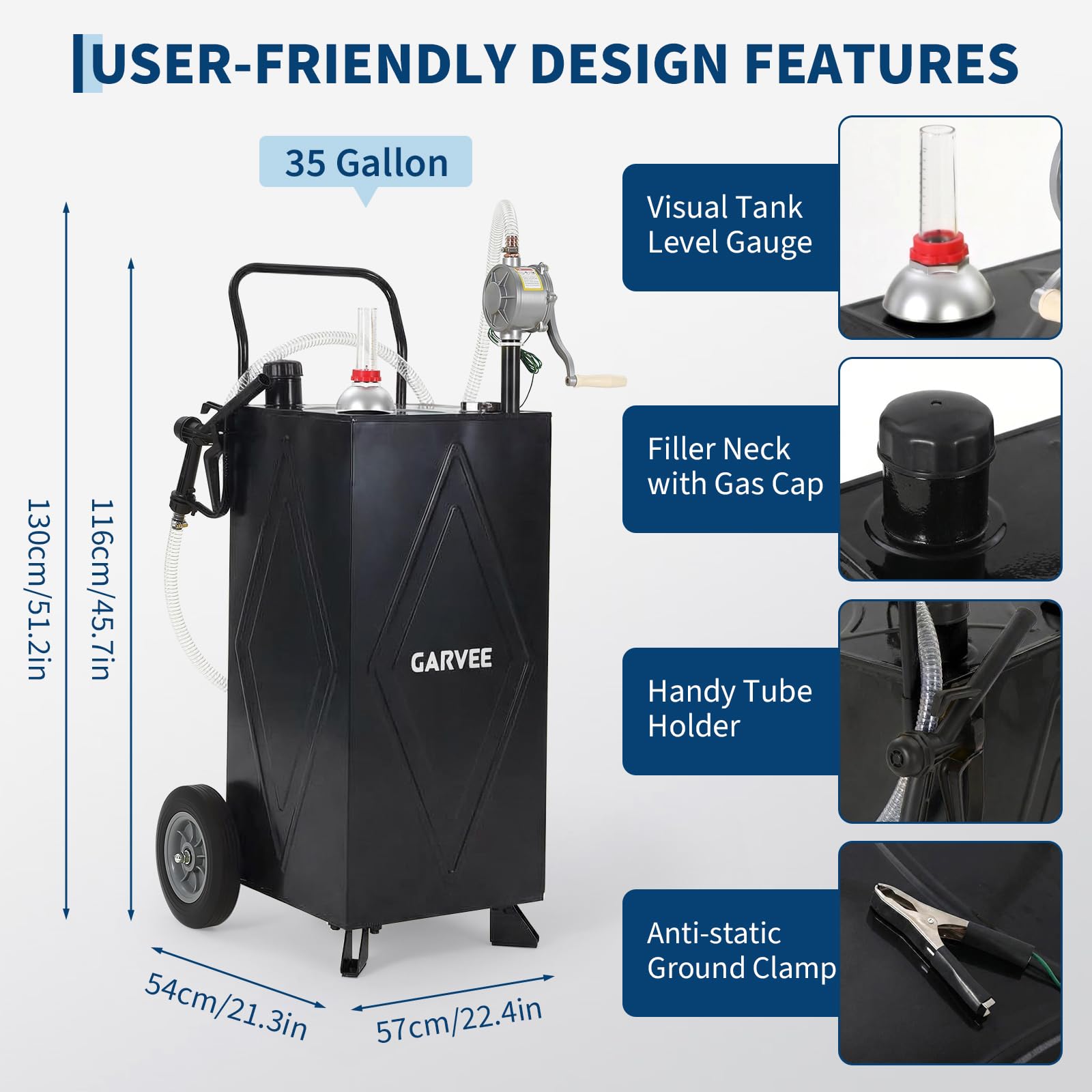 Garvee 35 Gallon Portable Fuel Gas Caddy Storage Tank – Reinforced 2-Wheel, 2-Support Design, Manual Rotary Pump, Fuel Hose, Wide Fill Neck, Level Gauge, Grounding Clamp – Mobile Gasoline/Fuel Transfer for ATV, Tractor, Lawn Mower, Car, Boat – Reinforced