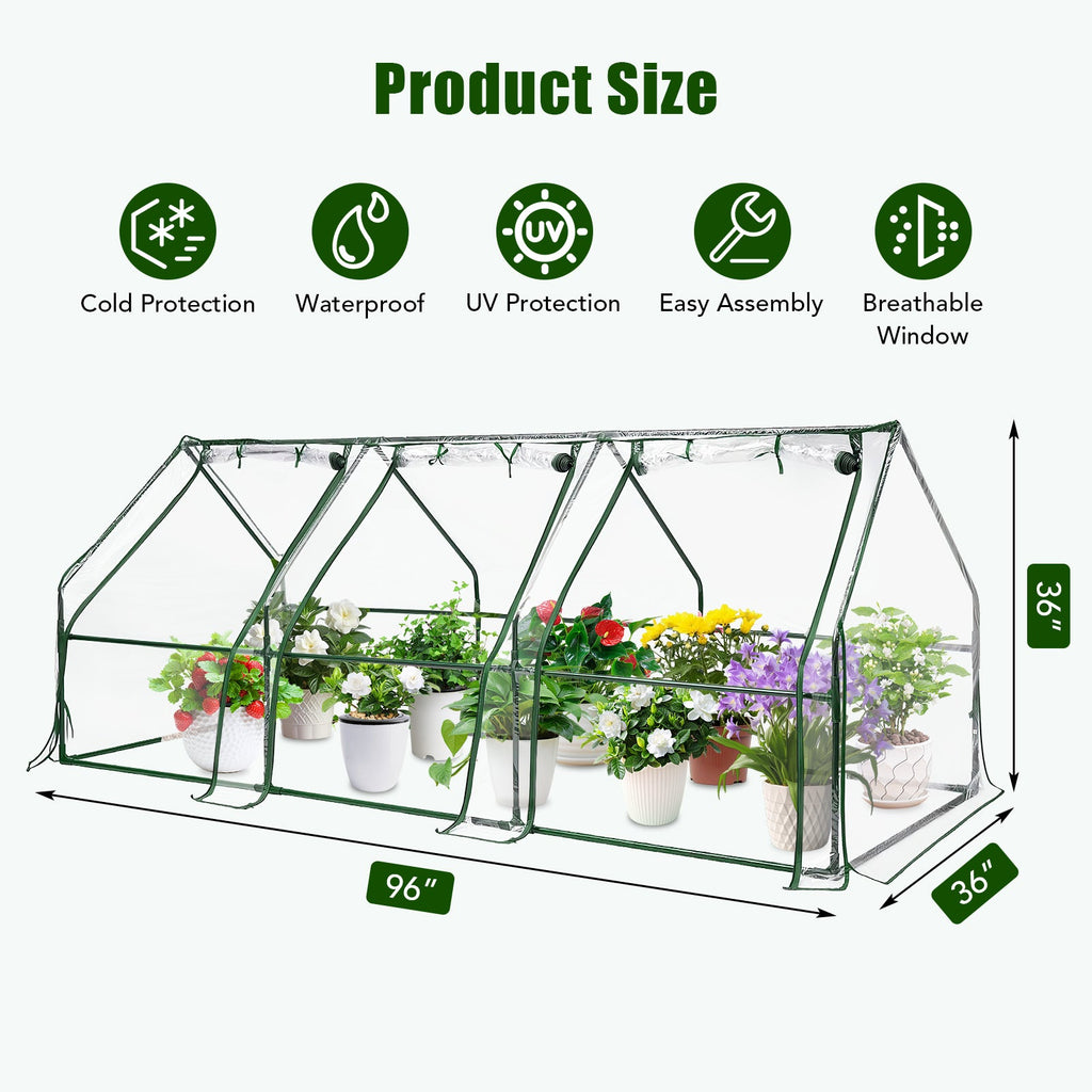 Garvee Mini Greenhouse 96" x 36" x 36", 0.09 mm Clear PVC Cover, Powder-Coated Steel Frame, Roll-Up Zipper Door for Outdoor Garden Plants