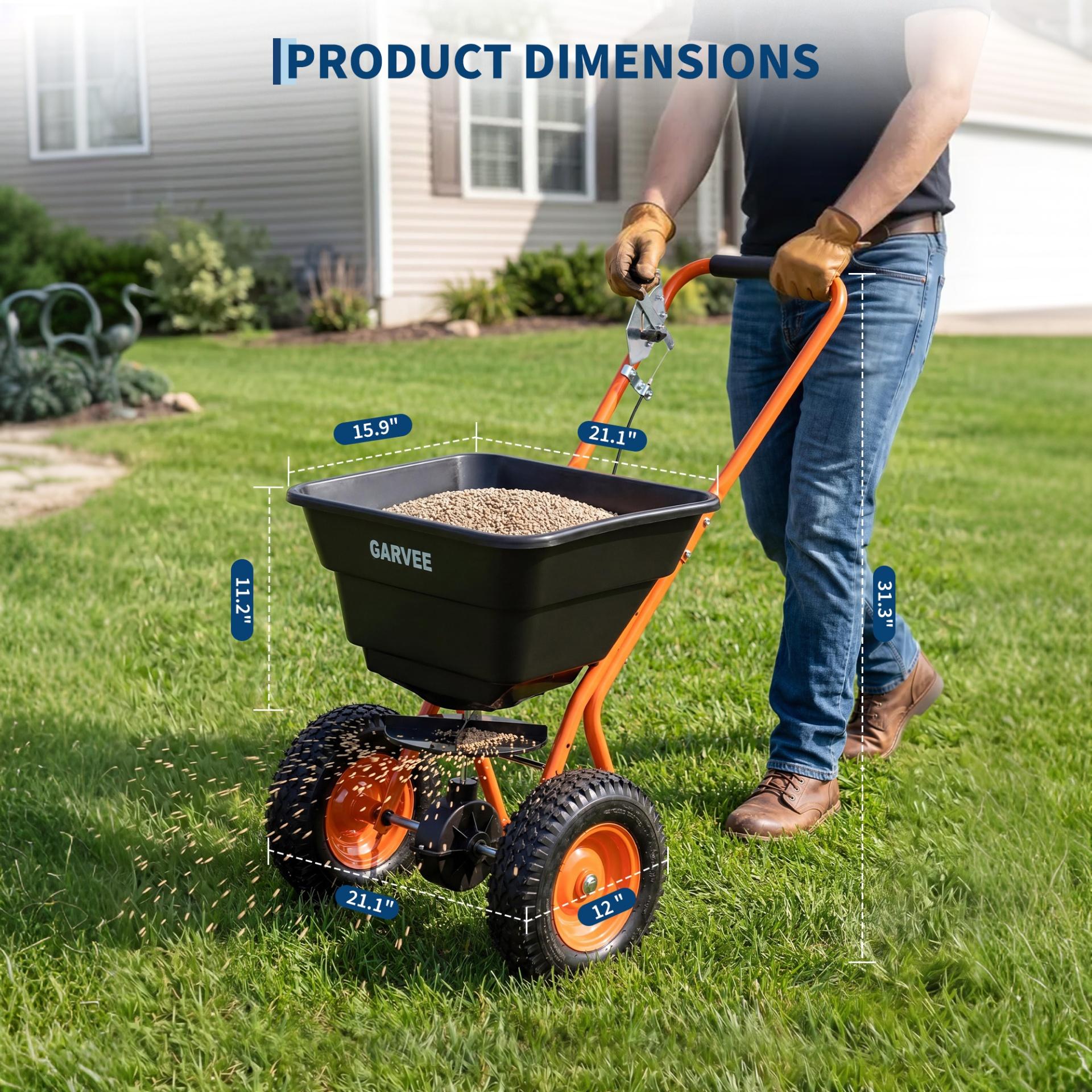 Garvee 80 lb Push Broadcast Spreader with 12' Spread Width, Adjustable Drop Rate, 10" Pneumatic Tires, Rain Cover & Gloves for Seed, Fertilizer, Salt and Ice Melt, Black & Orange-Red