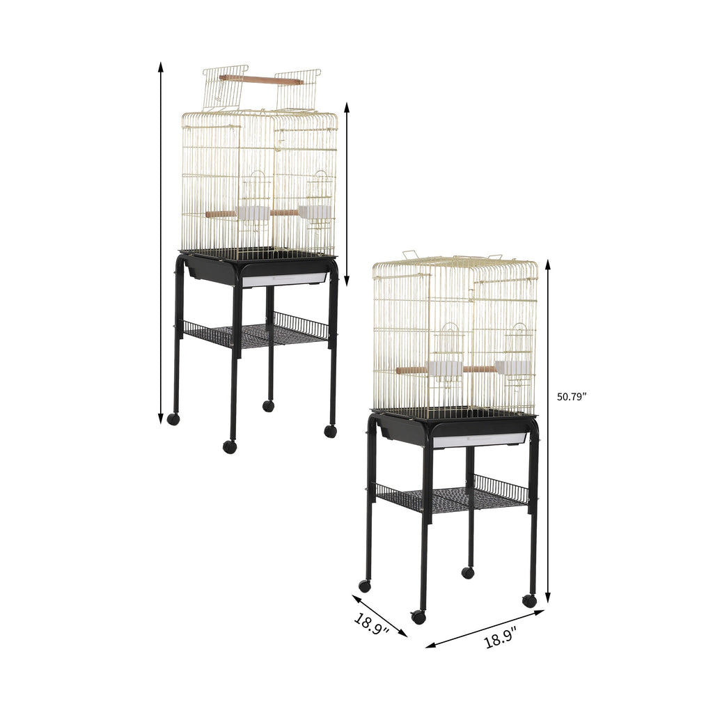 Garvee Large Open-Top Bird Cage with Rolling Stand – Removable Tray, Extra Storage, Breakable Casters, Indoor/Outdoor Use – Black Frame Gold Cage Body, Model 1038+10#