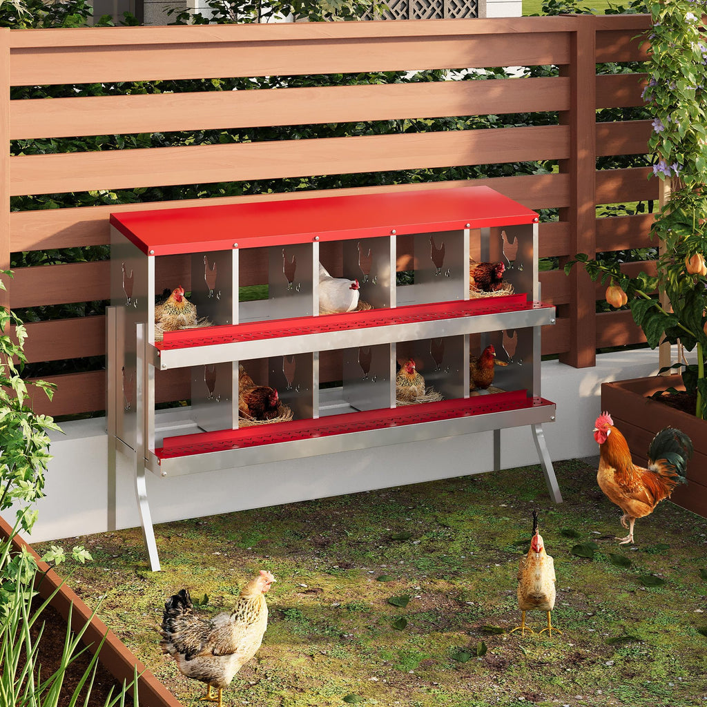 Garvee 10-Compartment Metal Chicken Nesting Box – Rustproof Roll-Away Egg Collection, Easy-Clean Ventilated Hen Coop Accessory, Secure Lid & Swing Perch, for Hens Ducks Poultry, Red, 10 Grids (Without Bracket)