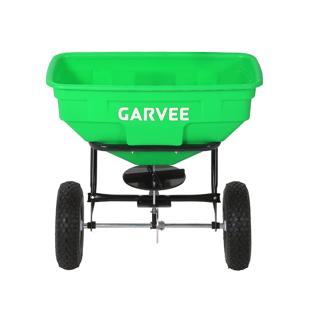 Garvee 130 lb Tow-Behind Broadcast Spreader, Heavy-Duty Lawn & Garden Spreader with 0–12 ft Coverage, Universal Hitch, 13" Pneumatic Tires & 20-Level Flow Control for ATV, UTV & Riding Mower, Green