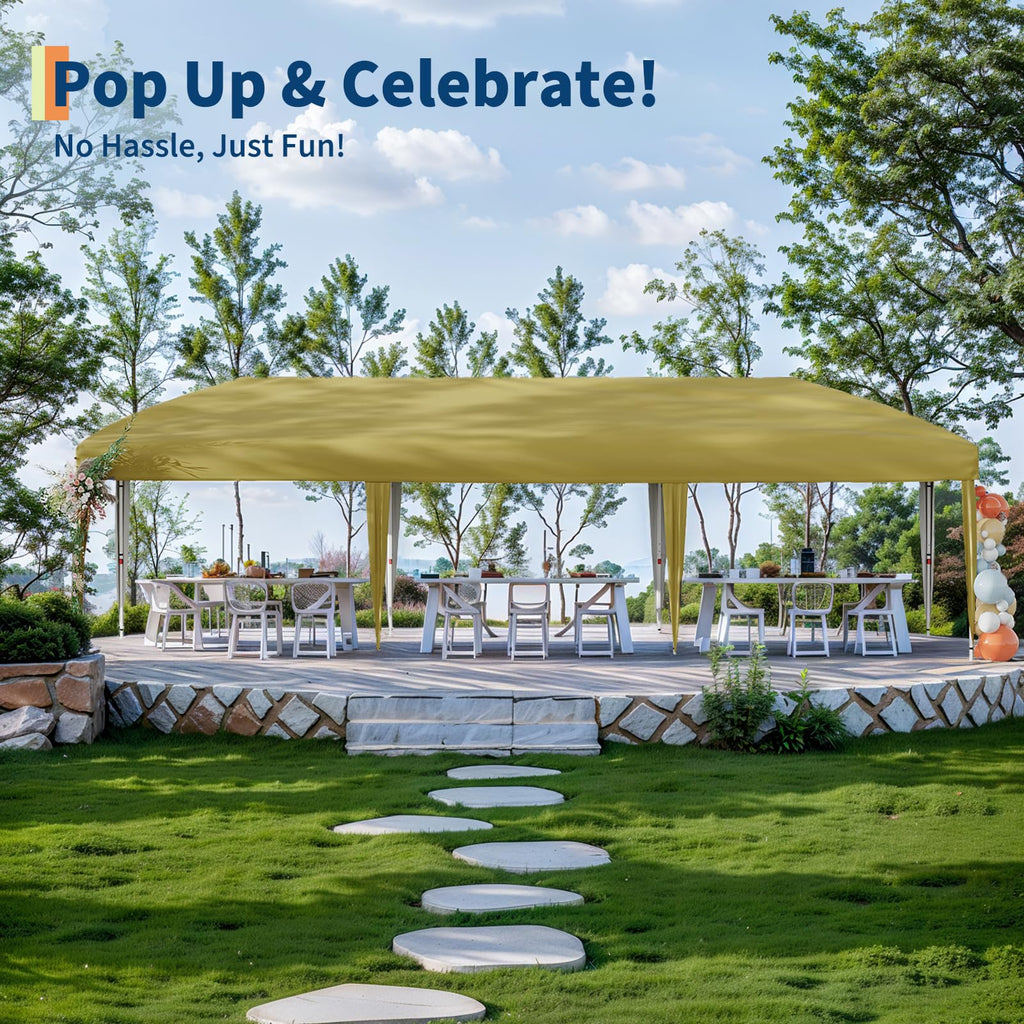 Garvee 10 x 30 FT Pop Up Canopy Tent with 8 Sidewalls, UV 50+ 210D Oxford Top, 8 Sandbags & Wheeled Bag for Weddings and Parties, Khaki