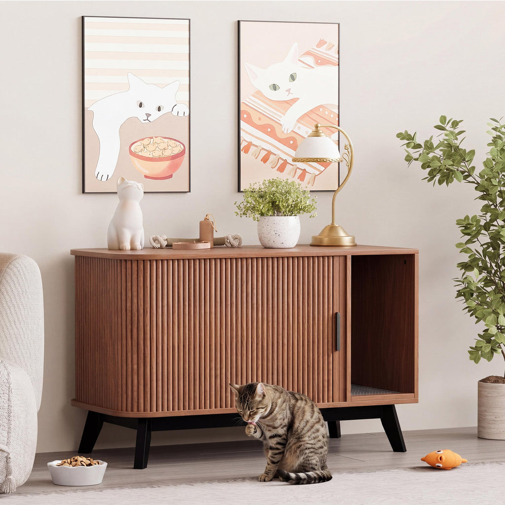 Garvee Modern Hidden Cat Litter Box Furniture – 39" Cat House End Table with Sliding Door, Litter Mat, Multi-Functional Pet Enclosure for Living Room – Walnut