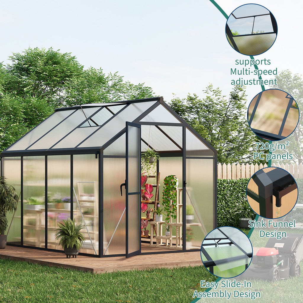 Garvee  6x8 FT Polycarbonate Greenhouse Gazebo – Walk-In Outdoor Garden Structure – Robust Aluminum Frame – Upgraded Sliding Door, Adjustable Roof Vent, Lockable Handle – For Patio, Backyard, Lawn – 6x8 Sliding Door, Dark Gray (Upgraded Handle