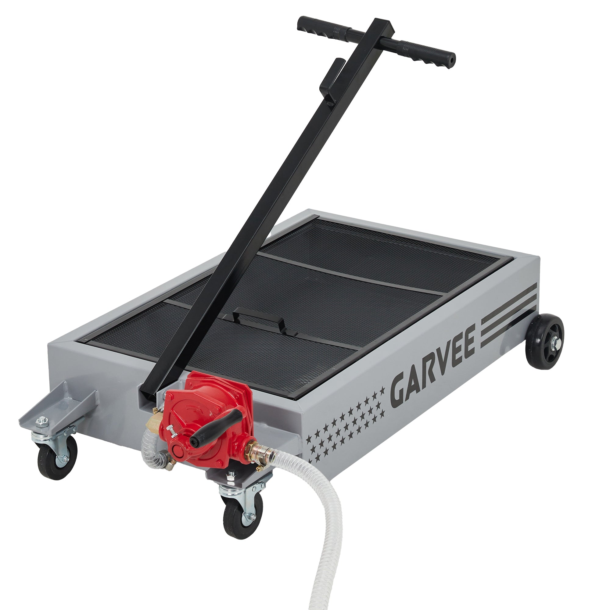 Garvee 15 gal Oil Drain Pan with Manual Pump - Metal Rolling Oil Change Pan with 8ft Hose & Foldable T-Shape Handle, Low Profile Design, Ideal for Cars, Trucks, RVs, SUVs, Silver