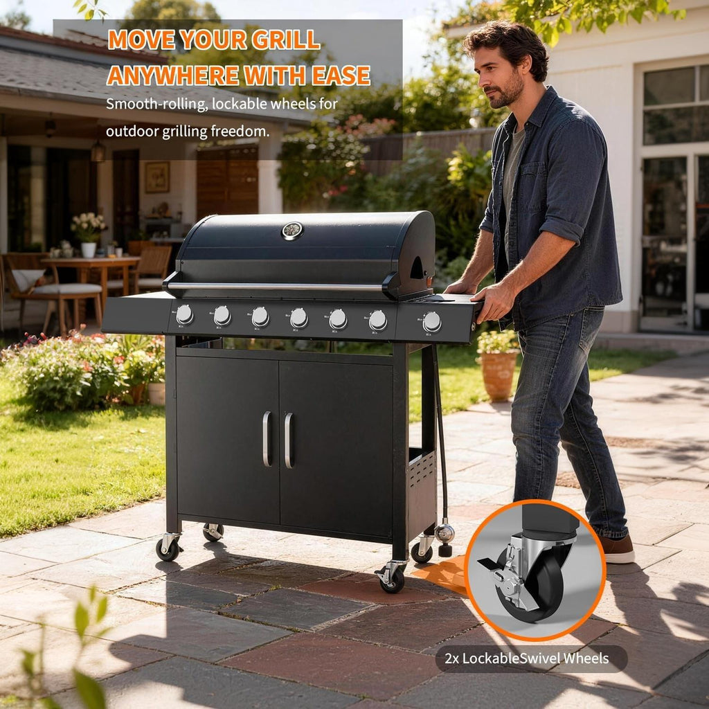 Garvee Superior 6-Disposable Outdoor Gas Grill – Stainless Steel & Cast Iron – Side Disposable – Large Warming Rack – Storage Cabinet – Heavy-Duty BBQ for Patio, Backyard, Family Gatherings –