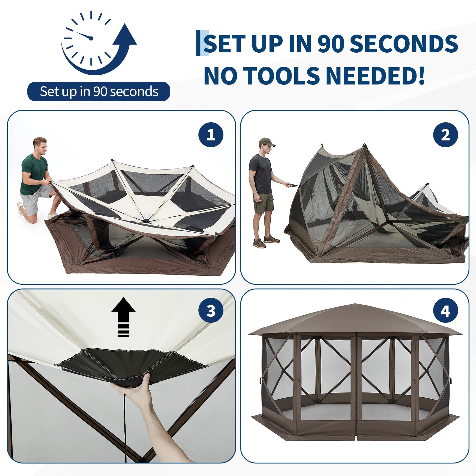 Garvee Screen Gazebo Tent, 13 x 13 FT 6-Sided Canopy for 8-10 People with 7.5 FT Height, Removable Sidewalls and Windows for Camping, Khaki and Beige