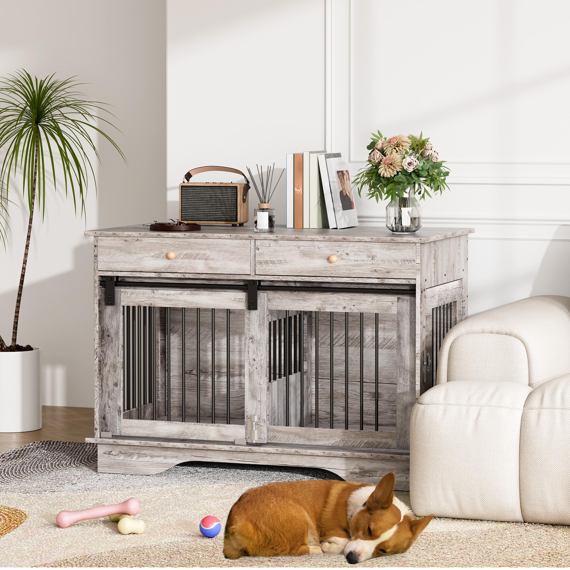 Garvee Dog Crate Furniture for 2 Dogs, 47" Double Dog Kennel with Removable Divider and 2 Drawers, Decorative TV Stand Side Table, Indoor Pet Cage for Large/Medium/Small Dogs, Gray