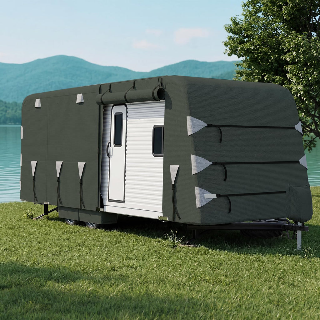 Garvee 20-22FT Heavy-Duty Travel Trailer Cover, 4-Layer Oxford Waterproof, Breathable, UV-Resistant, and Tear-Resistant RV Storage Cover with Windproof Straps and 6 Zipper Panels, Green