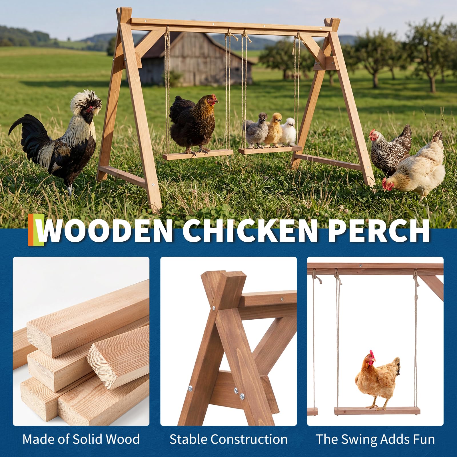 Garvee Chicken Perch with Swing - Wooden Roosting Bars for 6-8 Chickens - Durable Pine Wood, Weather-Resistant, Easy Assembly - Coop Accessory for Outdoor Use