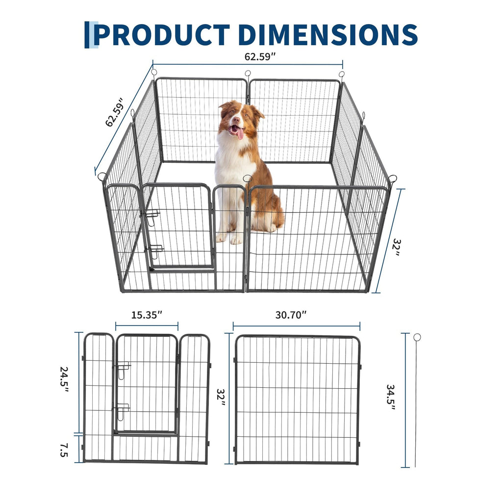 Garvee Outdoor Dog Playpen, Heavy Duty Metal Pet Exercise Pen, Metal Dog Fence with Gate, Pet Fence for Large/Small Dogs, Portable Dog Fence for RV Camping, Yard, Garden,32 Inch, 8 Panels