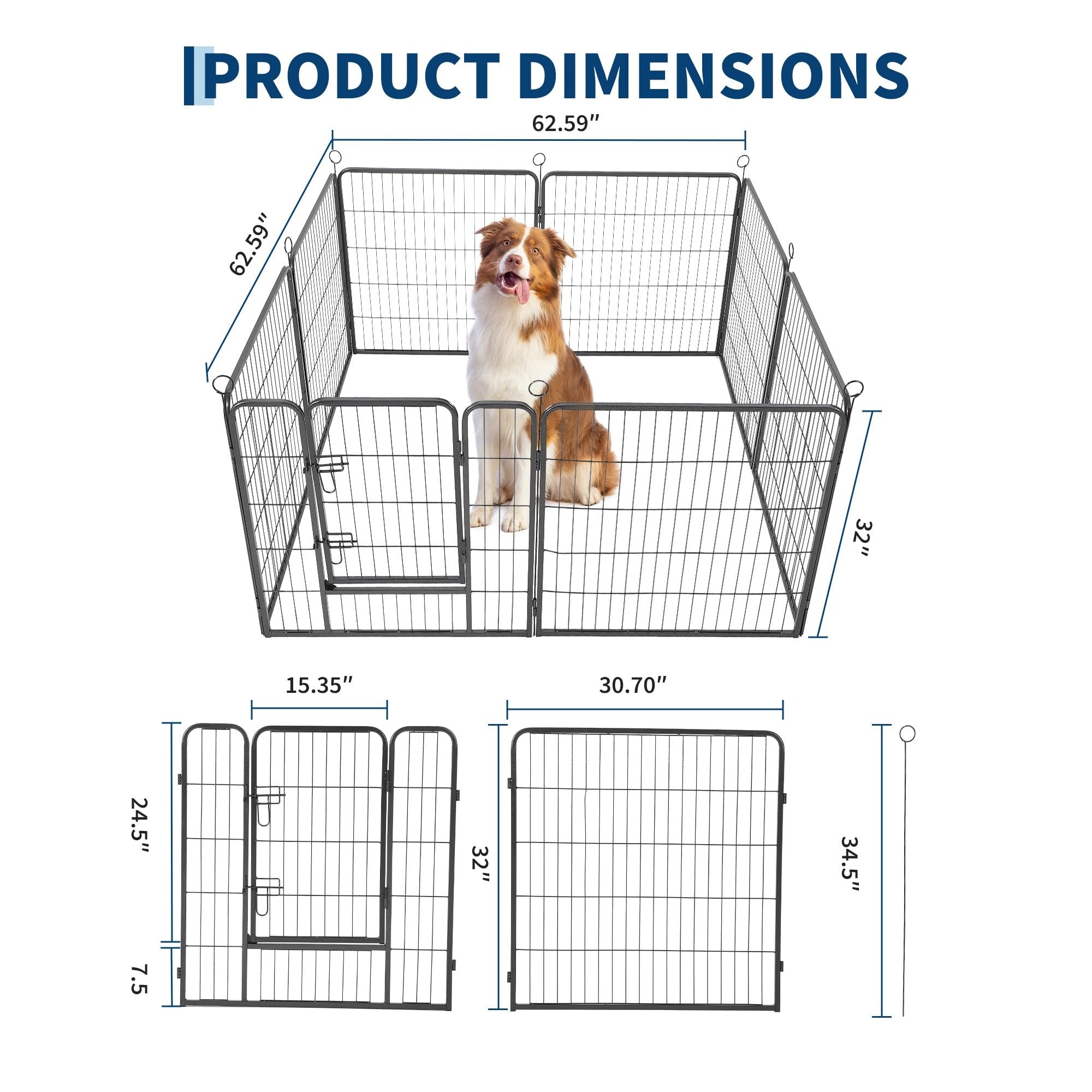 Garvee Outdoor Dog Playpen, Heavy Duty Metal Pet Exercise Pen, Metal Dog Fence with Gate, Pet Fence for Large/Small Dogs, Portable Dog Fence for RV Camping, Yard, Garden,32 Inch, 8 Panels