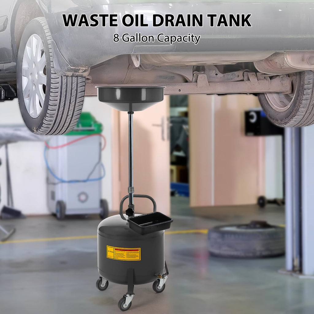 Garvee 20 Gallon Oil Drain Tank Portable Air Operated Drainer Adjustable Funnel Height Steel with Wheels Toolbox for Auto Repair Shops, Black