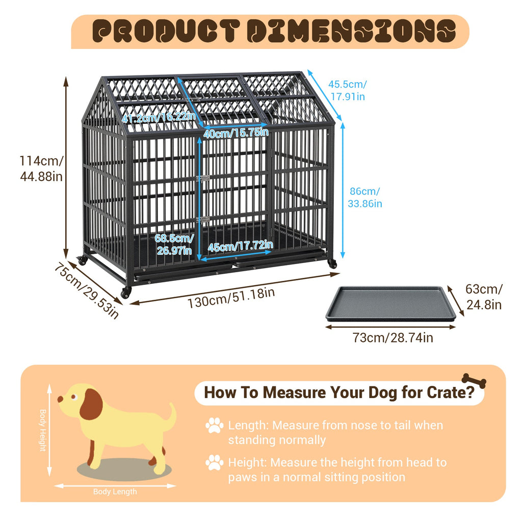 Garvee 52-Inch Escape-Proof Dog Crate, Indestructible Steel Dog Kennel with Locking Wheels, Anxiety Relief Pet Cage for Medium/Large Dogs, Indoor/Outdoor Use