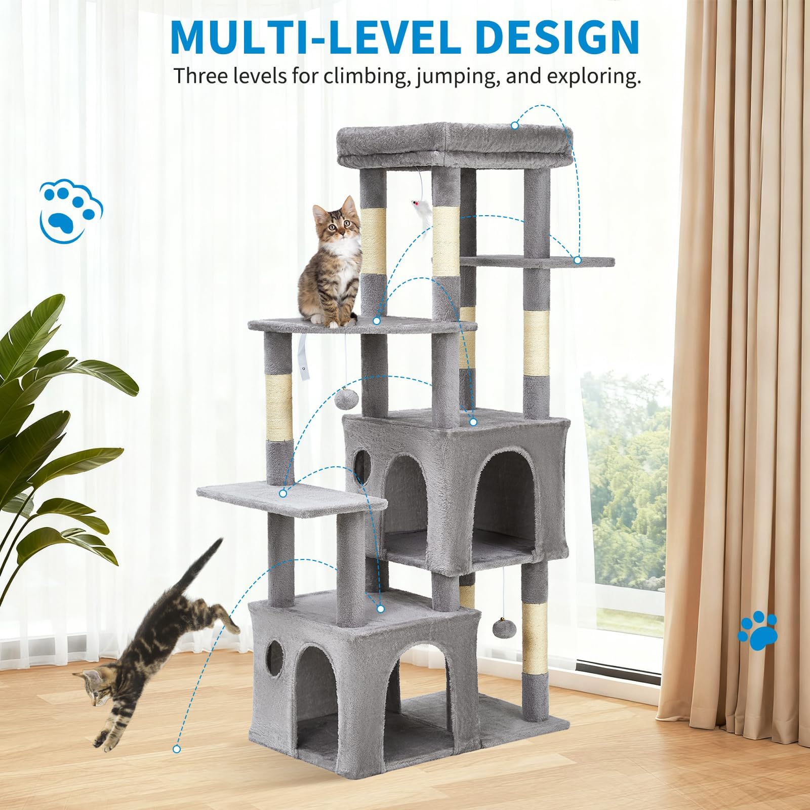 Garvee 61" Multi-Level Cat Tree for Indoor Cats, Heavy-Duty Tower for Large Adult & Maine Coon Cats with Oversized Perch, Dual Condos, Natural Sisal Scratching Posts & Play Toys – Light Gray