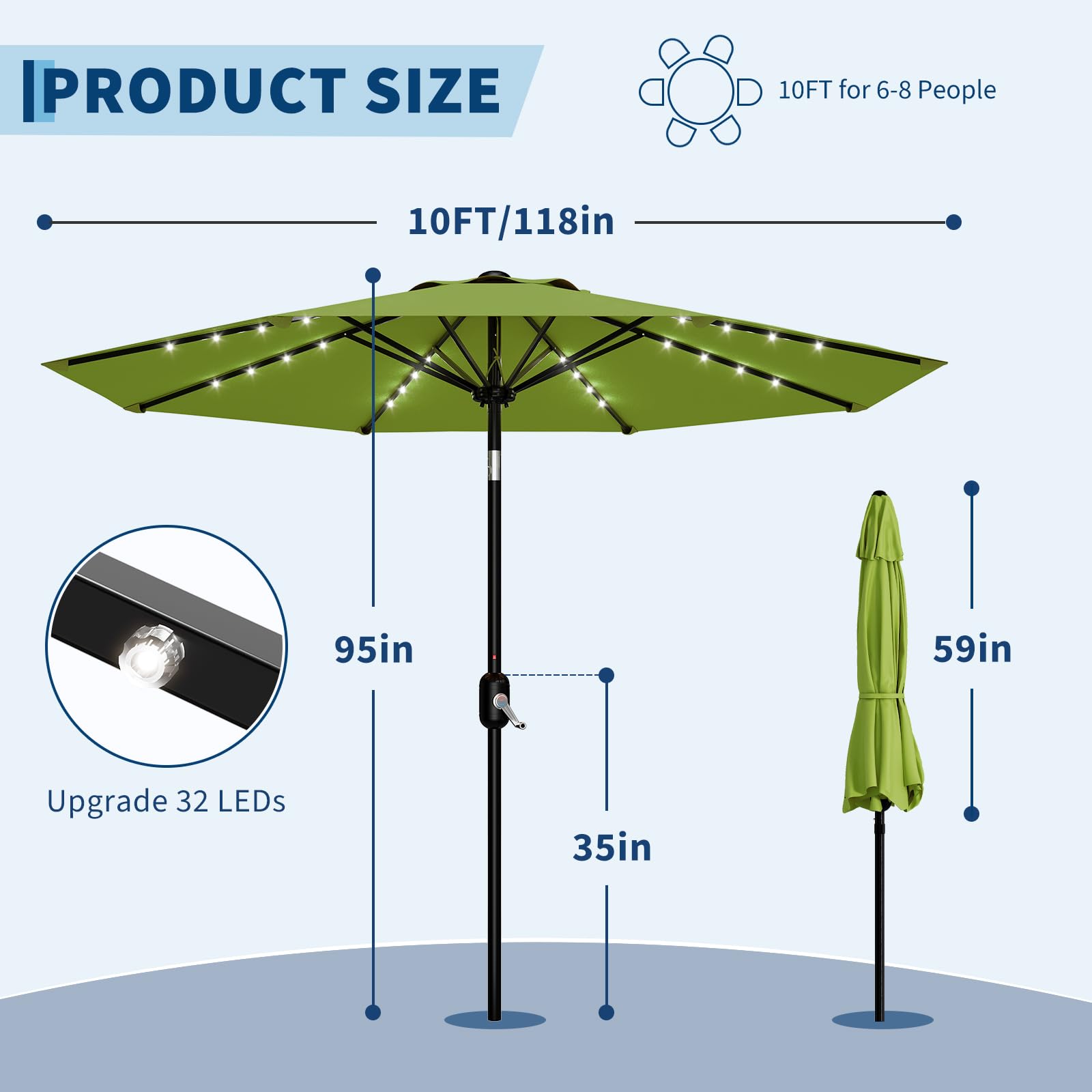 Garvee 10 FT Patio Umbrella with Solar Lights, Outdoor Table Umbrella with 8 Durable Ribs, Tilt & Crank Mechanism, Waterproof & UV Protection for Garden, Backyard, Poolside, Green