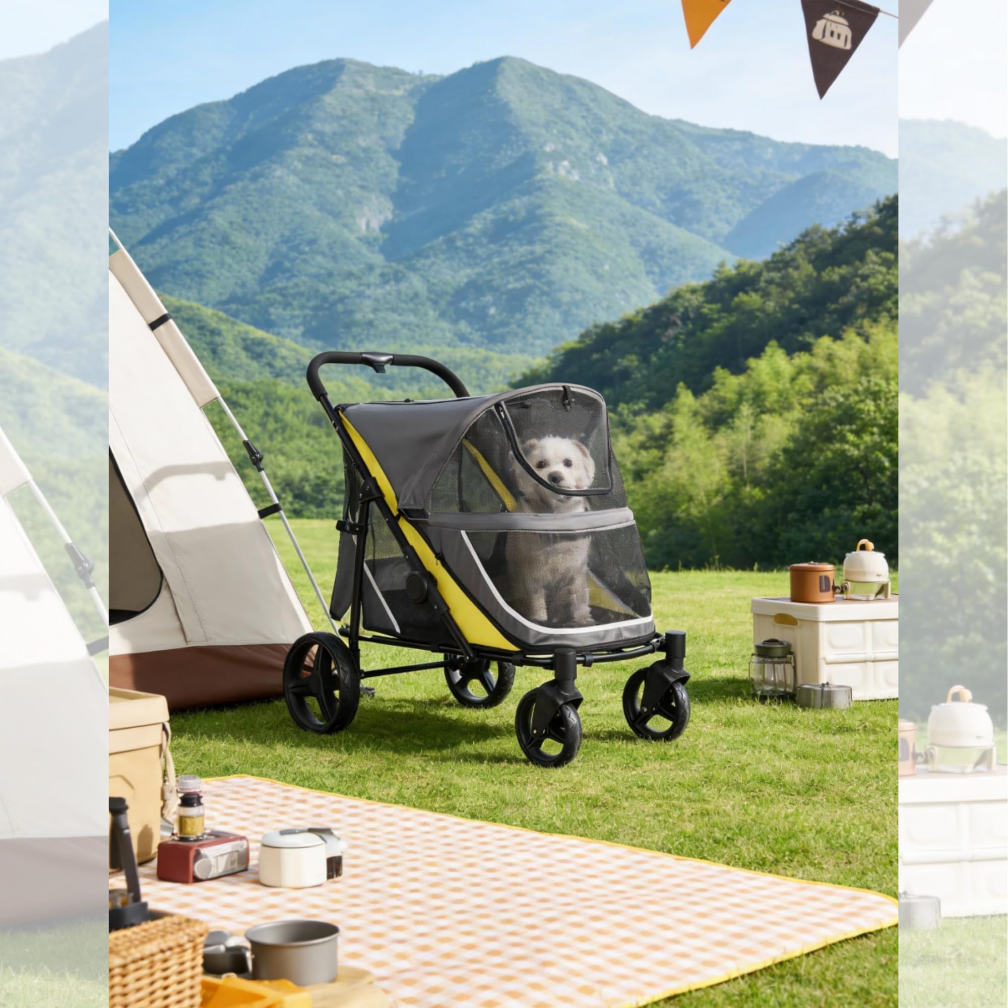 Garvee Dog Stroller for Large and Medium Dogs, Easy-Fold Dual Entry Pet Wagon with One-Foot Brake, All-Terrain Cart with Air Mesh, Holds Pets Up to 176 Lbs