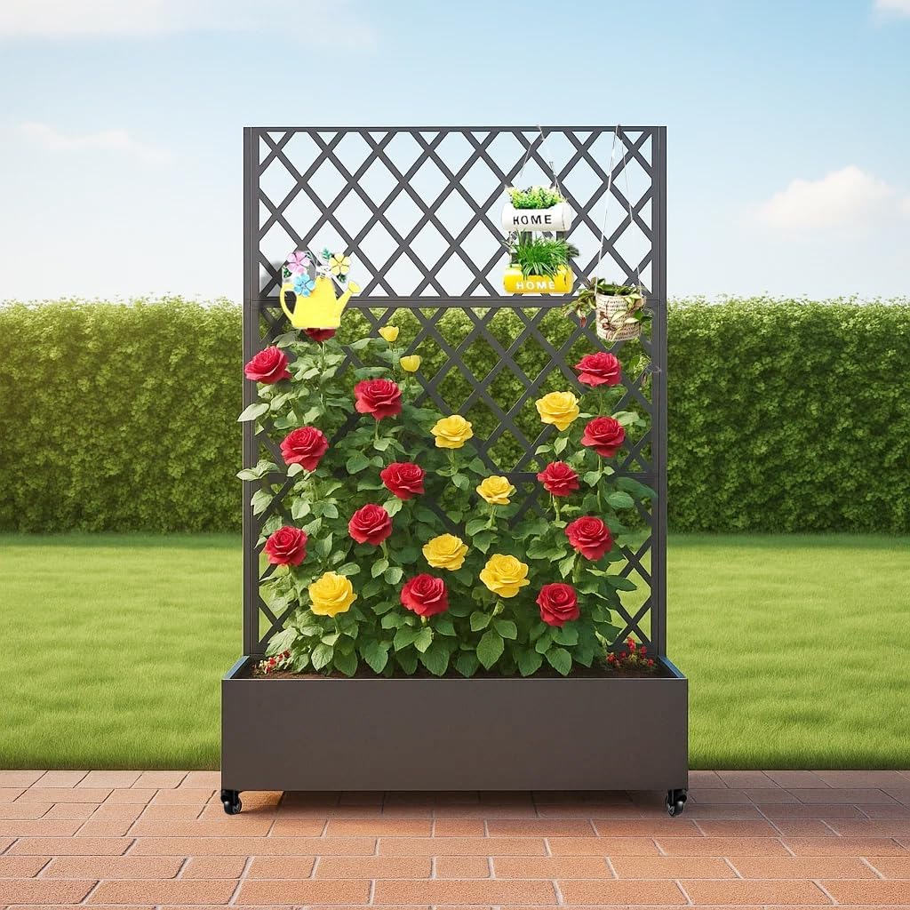 Garvee Raised Garden Bed with Trellis, 72" H × 47" W × 16" D Galvanized Steel Planter Box with Locking Wheels, Drainage Holes and Privacy Screen for Climbing Plants, Black