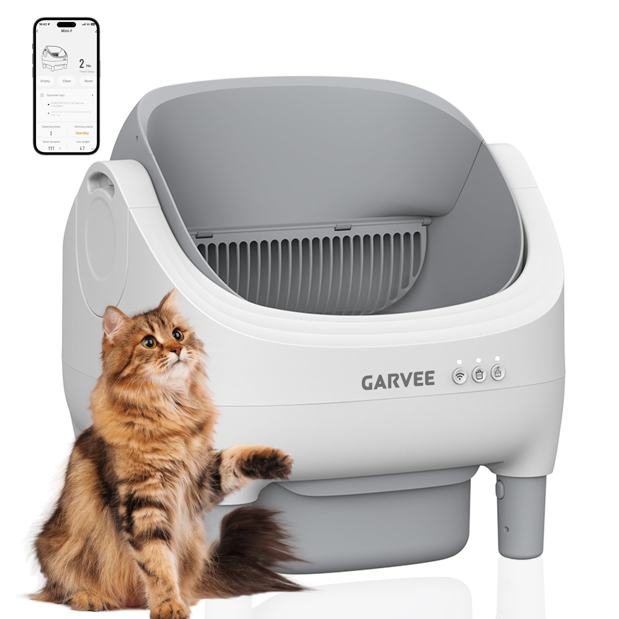 Garvee Self-Cleaning Cat Litter Box with App Control, Automatic Litter Box with Odor-Free 10.5L Bin, Whisper-Quiet, 7-Layer Safety, Open-Top Design for Large & Multiple Cats, Gray