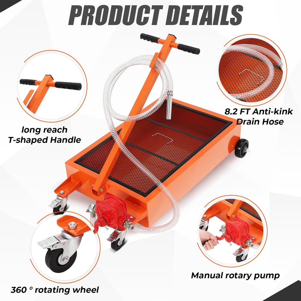 Garvee Low Profile 20 Gallon Oil Drain Pan with 110V Electric Pump – Heavy Duty Steel Waste Oil Drain Tank – 8.2ft Hose, Rolling Cart, Folding Handle – For Trucks, RVs, SUVs, Cars – Waistline Version, Orange