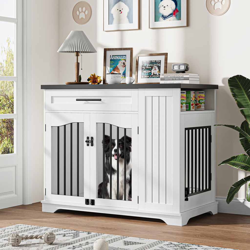 Garvee Wooden Indoor Dog Crate Furniture with Drawer & Lockable Doors, Heavy Duty Indoor Dog Kennel End Table with Feeding Bowls & Storage for Small Medium Large Dogs, White & Walnut