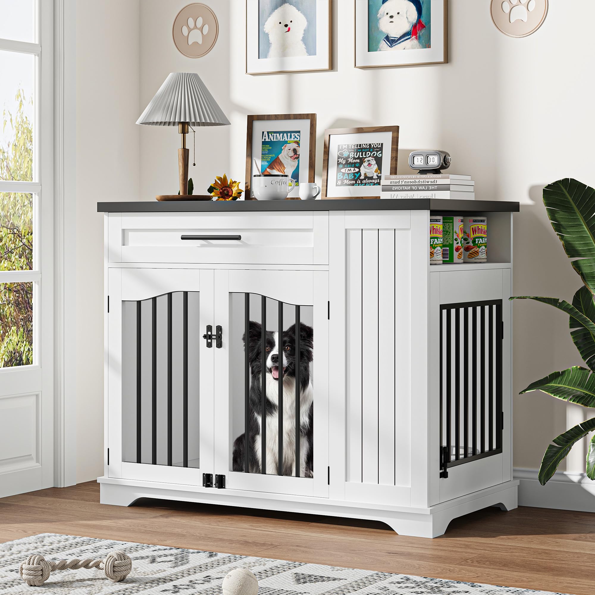 Garvee Wooden Indoor Dog Crate Furniture with Drawer & Lockable Doors, Heavy Duty Indoor Dog Kennel End Table with Feeding Bowls & Storage for Small Medium Large Dogs, White & Walnut