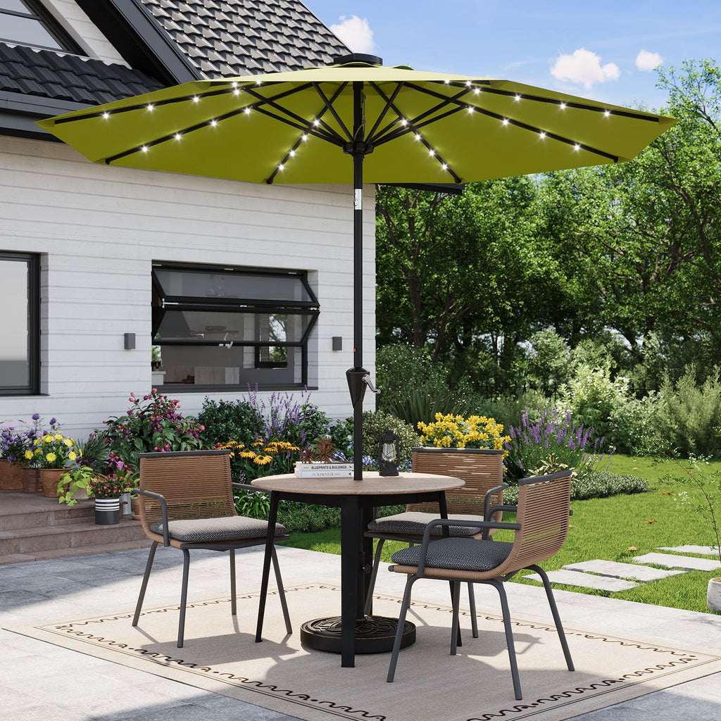 Garvee 9FT Solar LED Patio Umbrella, Waterproof Outdoor Market Table Umbrella with 8 Ribs, Crank Lift, Push Button Tilt, UV Protection for Garden, Pool & Deck, Grass Green ﻿