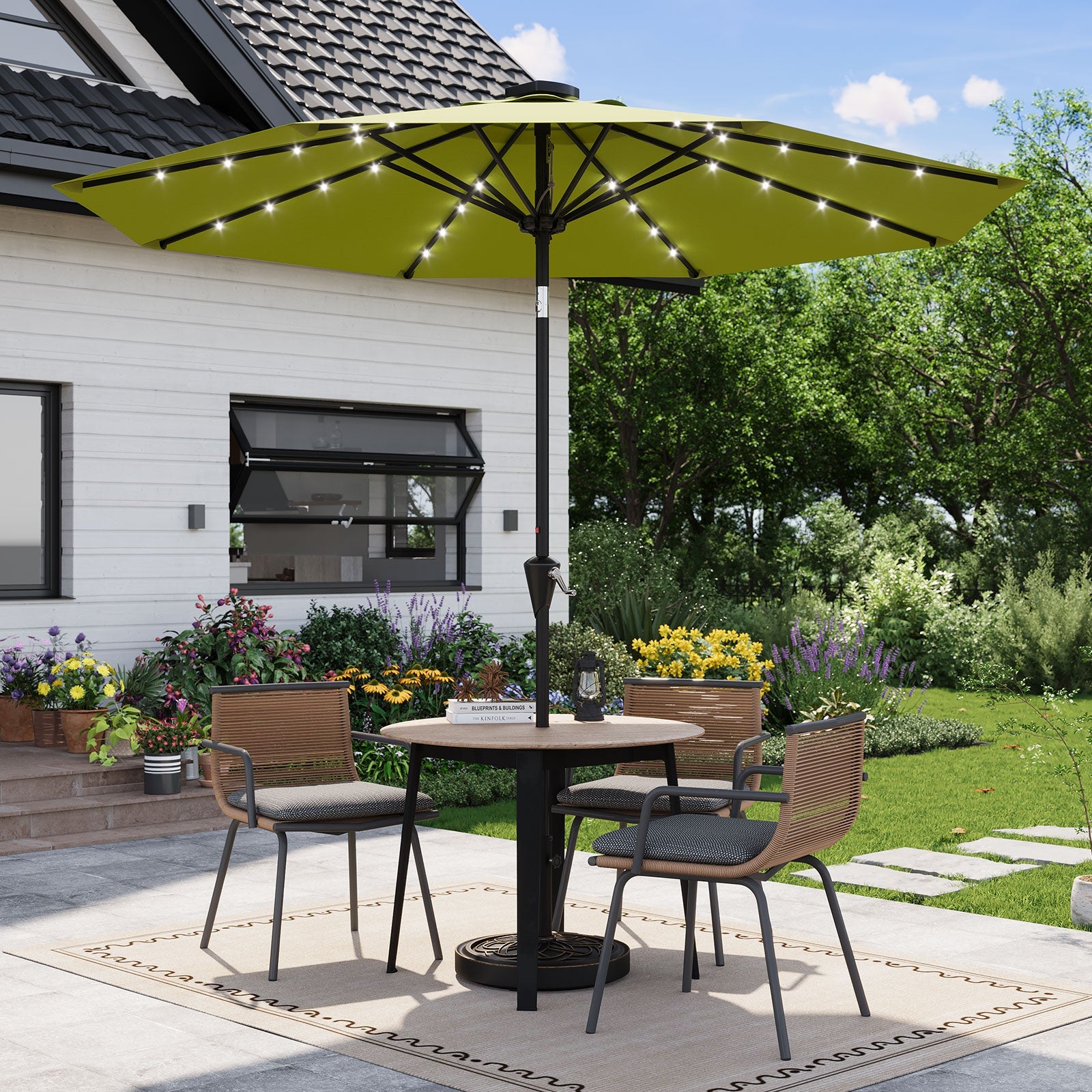 Garvee 9FT Solar LED Patio Umbrella, Waterproof Outdoor Market Table Umbrella with 8 Ribs, Crank Lift, Push Button Tilt, UV Protection for Garden, Pool & Deck, Grass Green ﻿