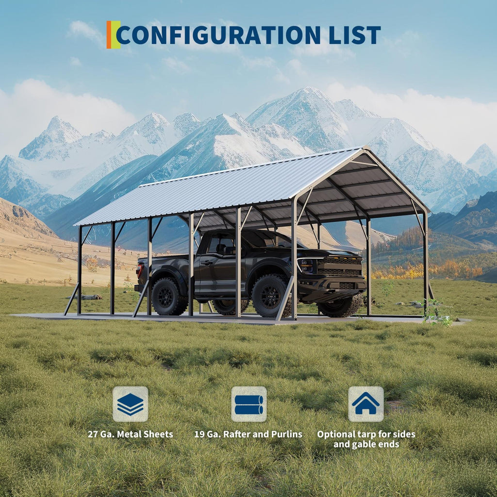 Garvee Metal Carport 13' × 26', 133" High-Clearance RV & Boat Shelter with 120° Vertical Roof, 10-Purlin Reinforced 19-Ga Steel Frame