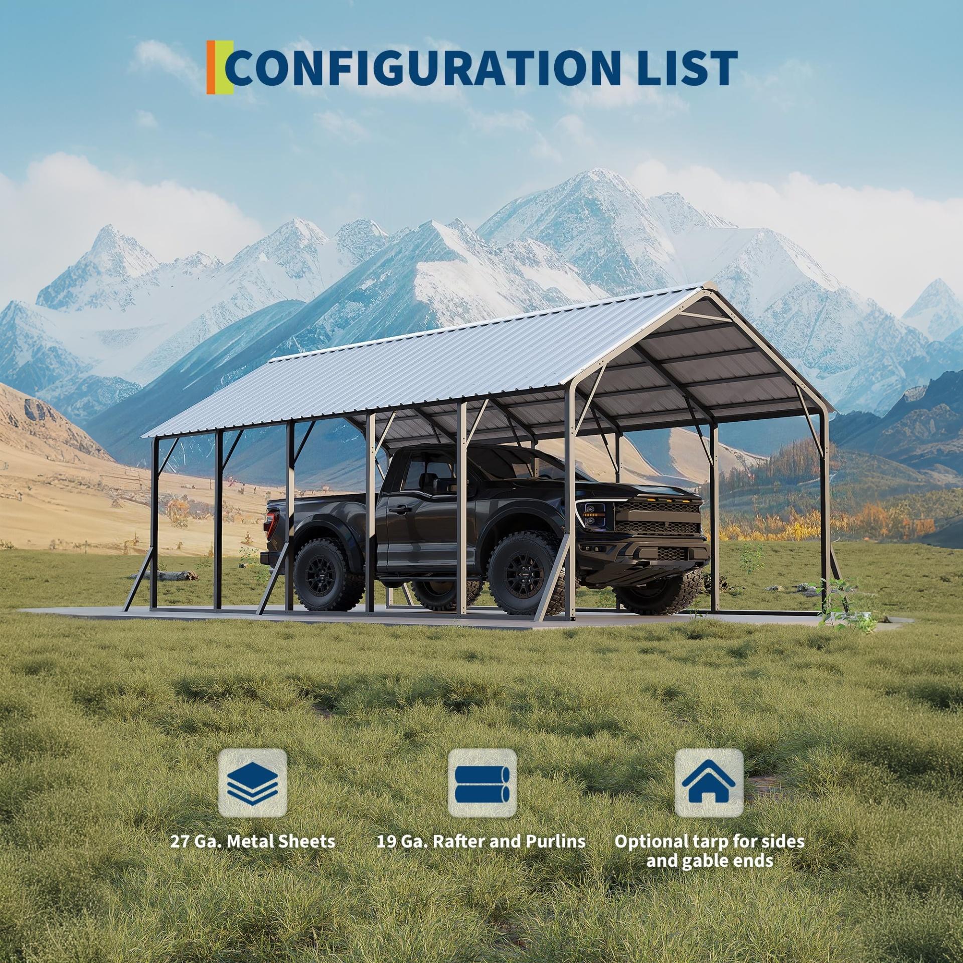 Garvee Metal Carport 13' × 26', 133" High-Clearance RV & Boat Shelter with 120° Vertical Roof, 10-Purlin Reinforced 19-Ga Steel Frame