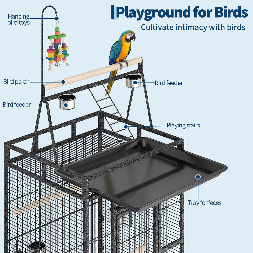 Garvee Extra Large 82" Parrot Cage with Play Top & Rolling Stand, Heavy Duty Wrought Iron Aviary – Spacious, Secure, Easy to Clean – Removable Tray & Rope Perch – Ideal for Parrots, Parakeets