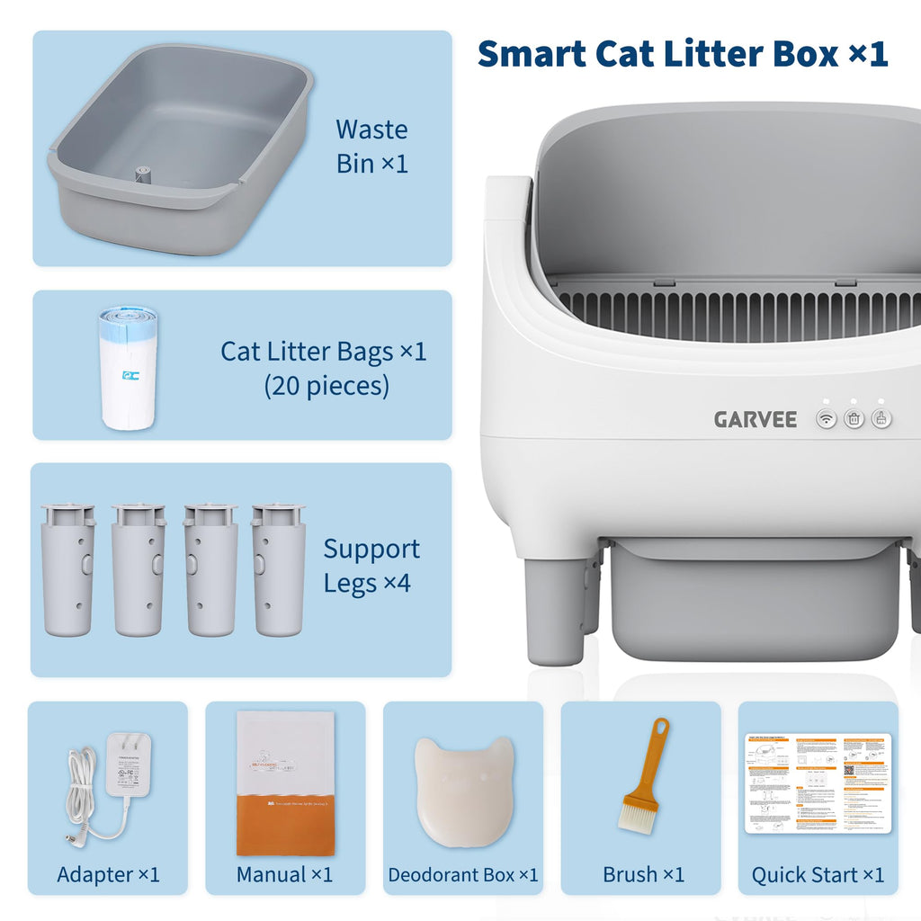 Garvee Self-Cleaning Cat Litter Box with App Control, Automatic Litter Box with Odor-Free 10.5L Bin, Whisper-Quiet, 7-Layer Safety, Open-Top Design for Large & Multiple Cats, Gray