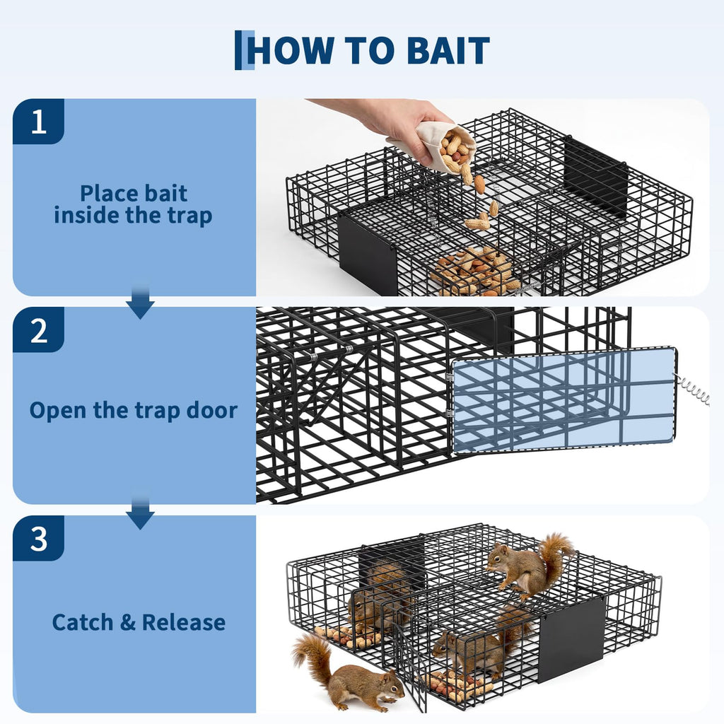 Garvee Humane 2-Door Live Animal Trap Cage – Sturdy Steel, Easy Catch & Release – For Squirrels, Chipmunks, Rabbits & Small Pests – Indoor/Outdoor Use – Carry Handle – Square: 24x24x5 in / 61x61x13 cm