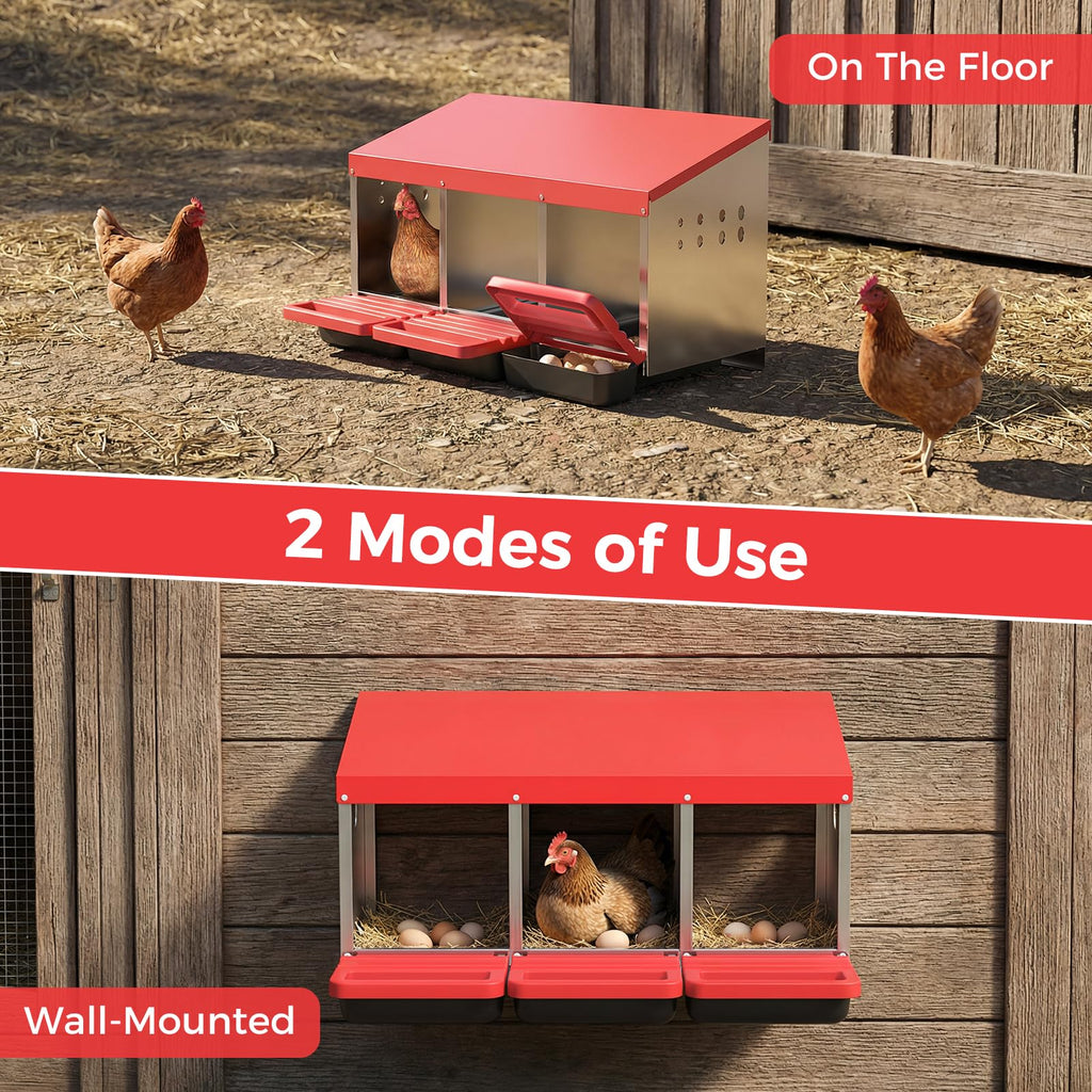 Garvee 3-Hole Metal Chicken Nesting Box, Roll Away Poultry Laying Box with Sloped Roof, 31.5"x20.5"x16.9", Red