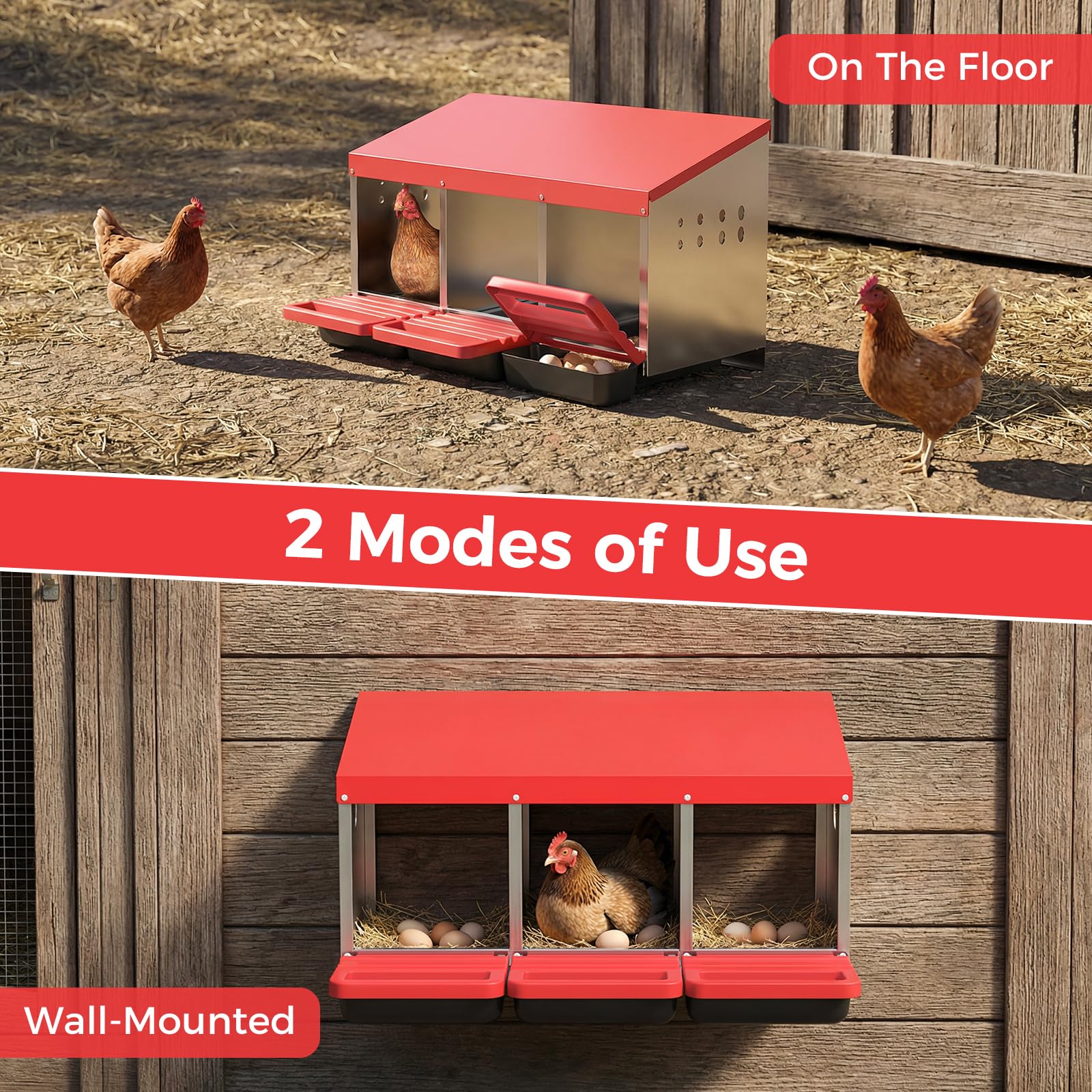 Garvee 3-Hole Metal Chicken Nesting Box, Roll Away Poultry Laying Box with Sloped Roof, 31.5"x20.5"x16.9", Red