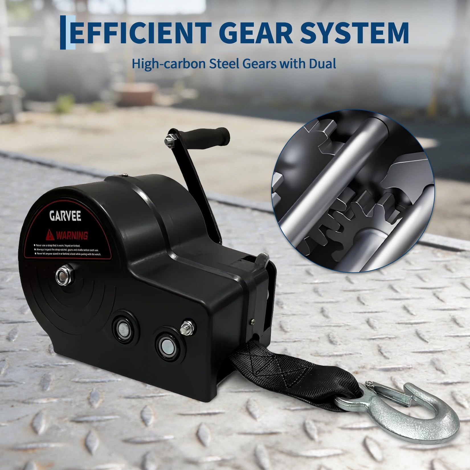 Garvee 3500 lbs Heavy-Duty Boat Trailer Winch - Hand Crank Winch with 33ft Strap, 4:1/8:1 Gear Ratio for Towing and Pulling Boats, Trailers, Trucks, RVs, ATVs, Jet Skis, and Off-Road Recovery, Black