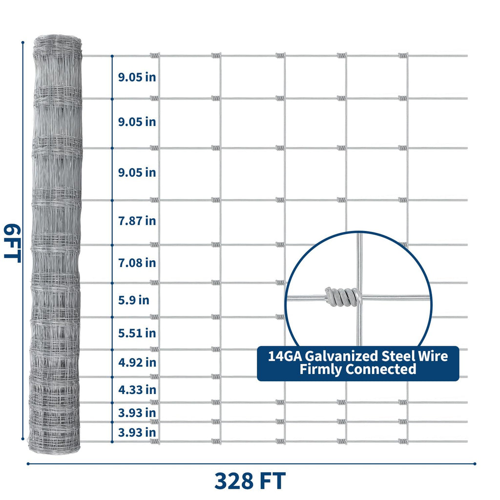 Garvee Cattle Farm Fence 6x328FT Heavy-Duty Galvanized Wire Rustproof Twisted Weave Reinforced Joints Multi-Animal Yard Protection