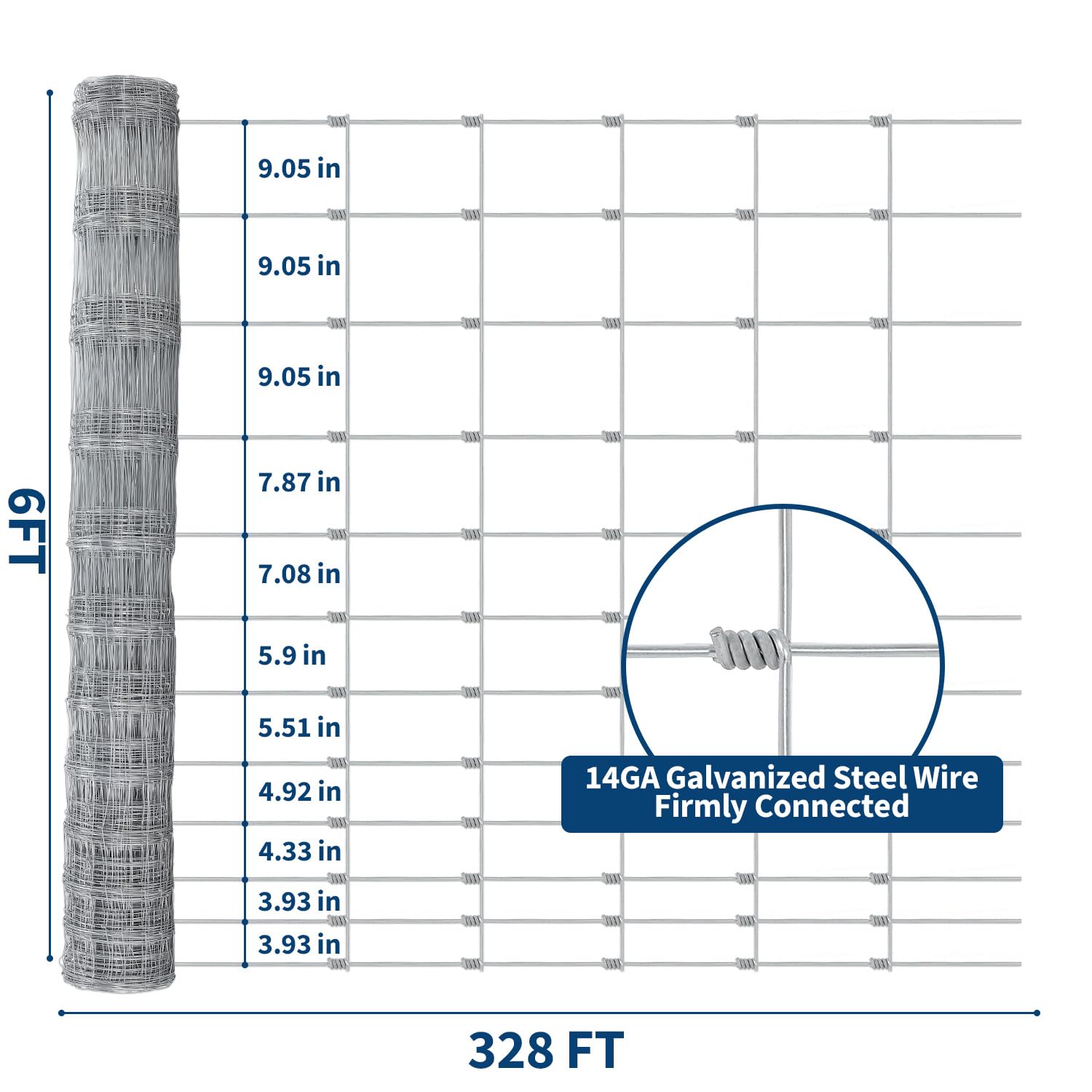 Garvee Cattle Farm Fence 6x328FT Heavy-Duty Galvanized Wire Rustproof Twisted Weave Reinforced Joints Multi-Animal Yard Protection