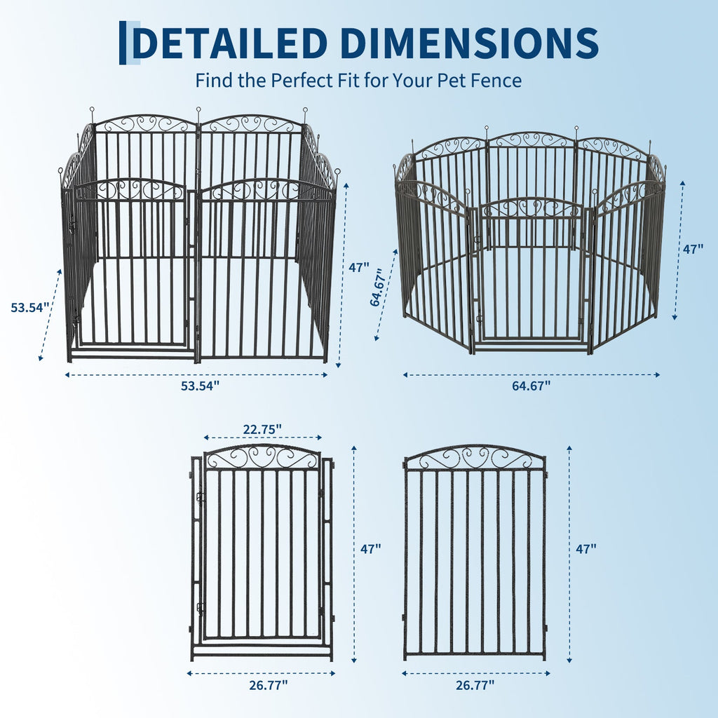 Garvee Heavy Duty Outdoor Decorative Fence Panel for Yard & Garden – 47" Metal Dog Playpen with 1 Door, 8 Panels, Black with Silver Floral Design – Black Base with Silver Design, 8 Pieces