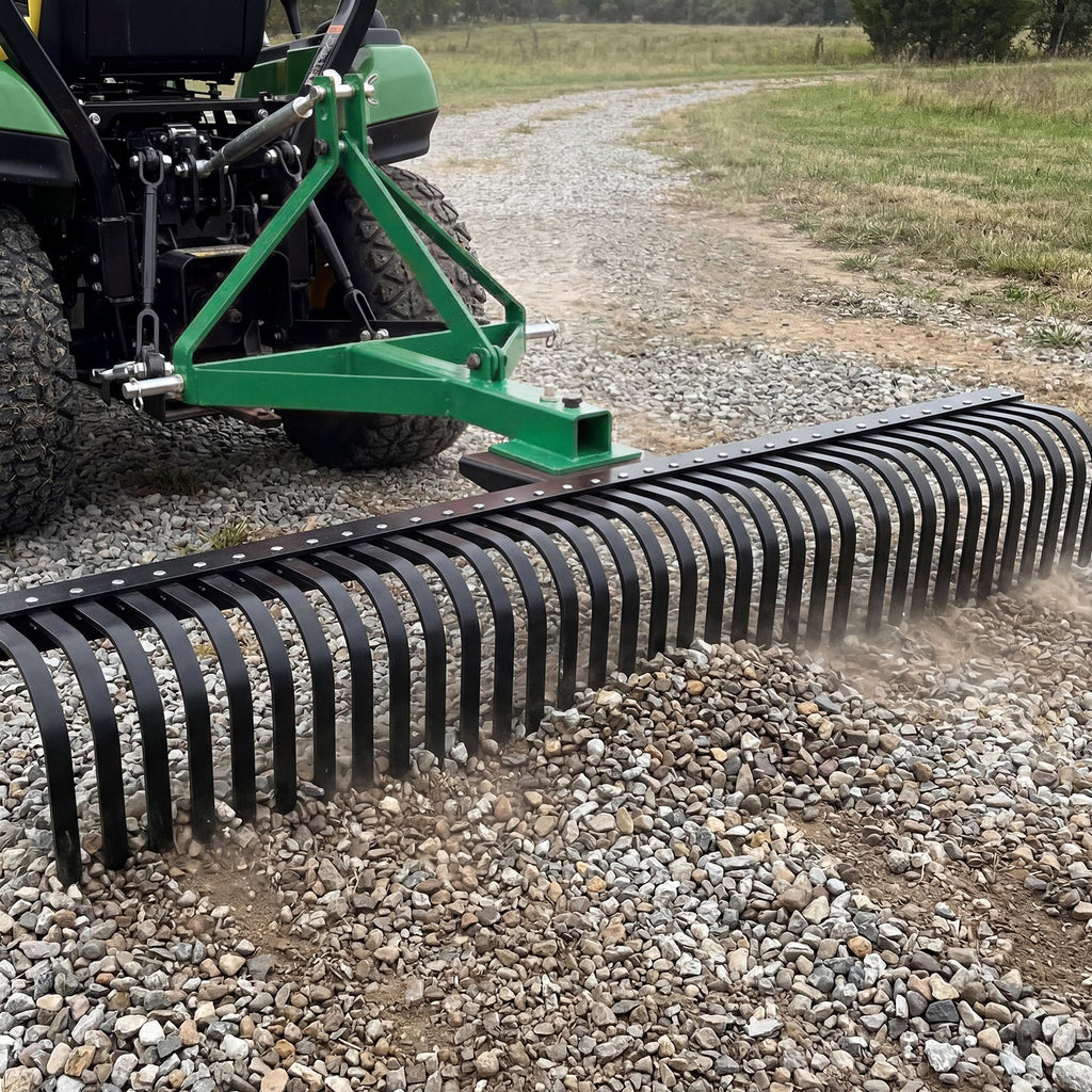 Garvee Heavy Duty 3-Point Landscape Rake for Tractor - 6FT Rock Rake with 37 Steel Tines - 360° Rotating Head - Fits Category 1 & 2 Tractors - Ideal for Lawn, Garden, and Yard - 6 Feet (72 Inches) Green, 37 Teeth