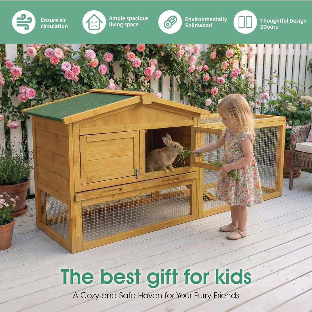 Garvee Spacious 2-Story Wooden Small Animal Cage for Rabbits, Guinea Pigs & Chickens - Weatherproof Hutch with Anti-Chew Metal Frame, Leak-Proof Removable Tray, Secure Wire Netting, Indoor & Outdoor Use, Natural Wood Color