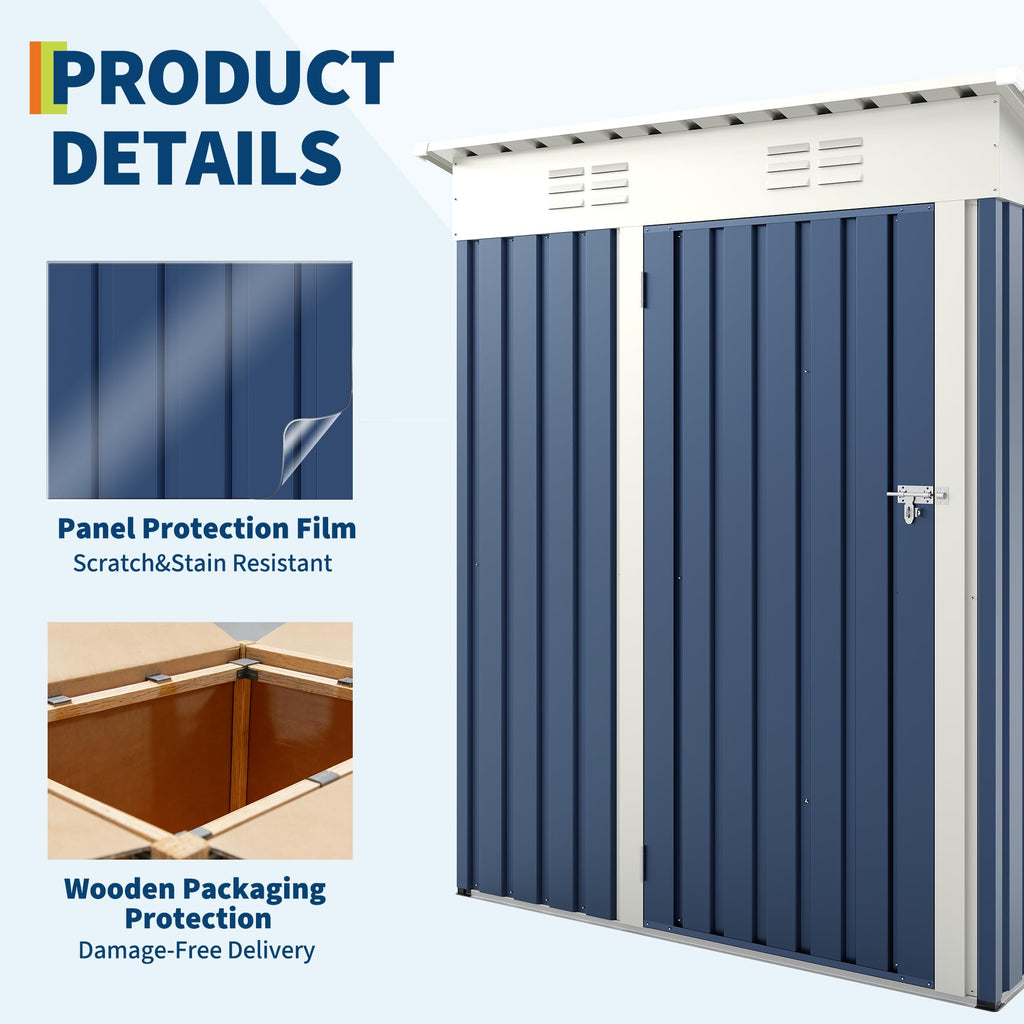Garvee 5×3FT Heavy Duty Metal Outdoor Storage Shed, Weather-Resistant Garden Tool Shed with Lockable Single Door, Sloped Roof & Vents, Rustproof Patio Storage House for Backyard, Lawn, Navy Blue