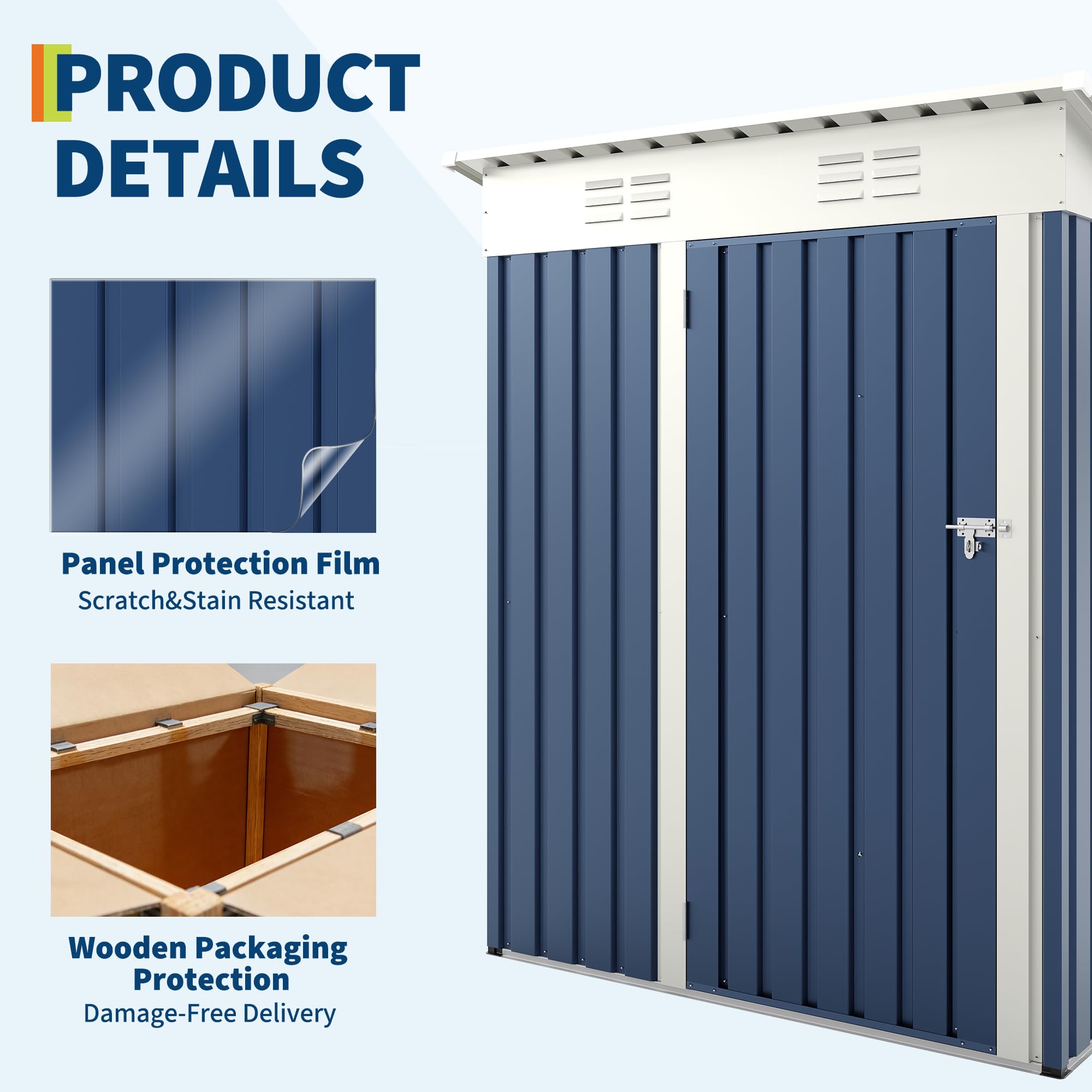 Garvee 5×3FT Heavy Duty Metal Outdoor Storage Shed, Weather-Resistant Garden Tool Shed with Lockable Single Door, Sloped Roof & Vents, Rustproof Patio Storage House for Backyard, Lawn, Navy Blue